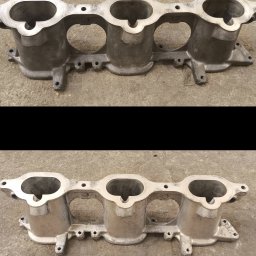 ELASER - Dzielone ujęcie kolektora ssącego: górna część przed, dolna po obróbce. Widoczne różnice w czystości i połysku metalu. Szary, betonowy podkład.