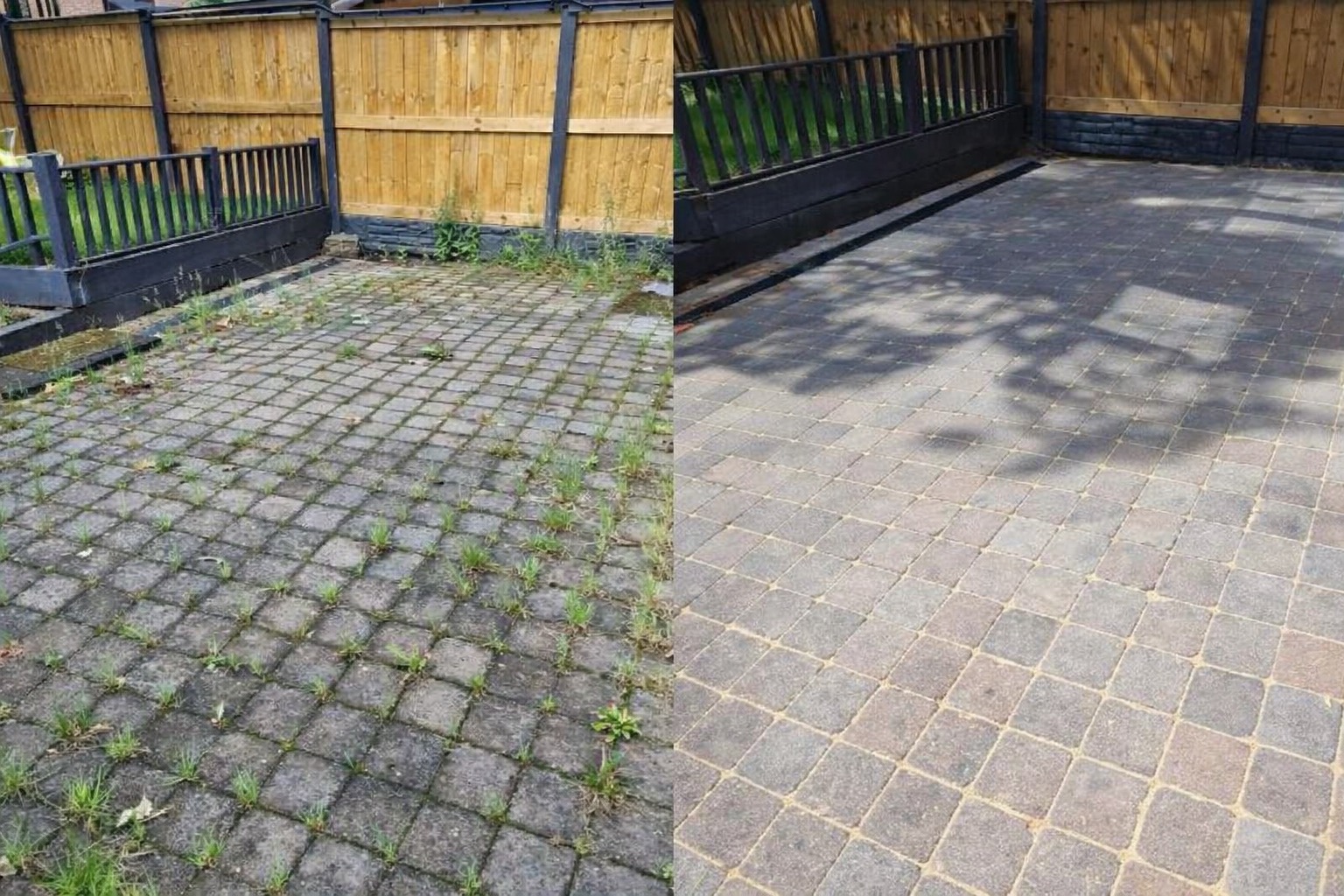 Kostka brukowa przed i po czyszczeniu, widoczne różnice w kolorze i usunięte chwasty. Po prawej stronie kostka czysta, po lewej zabrudzona.