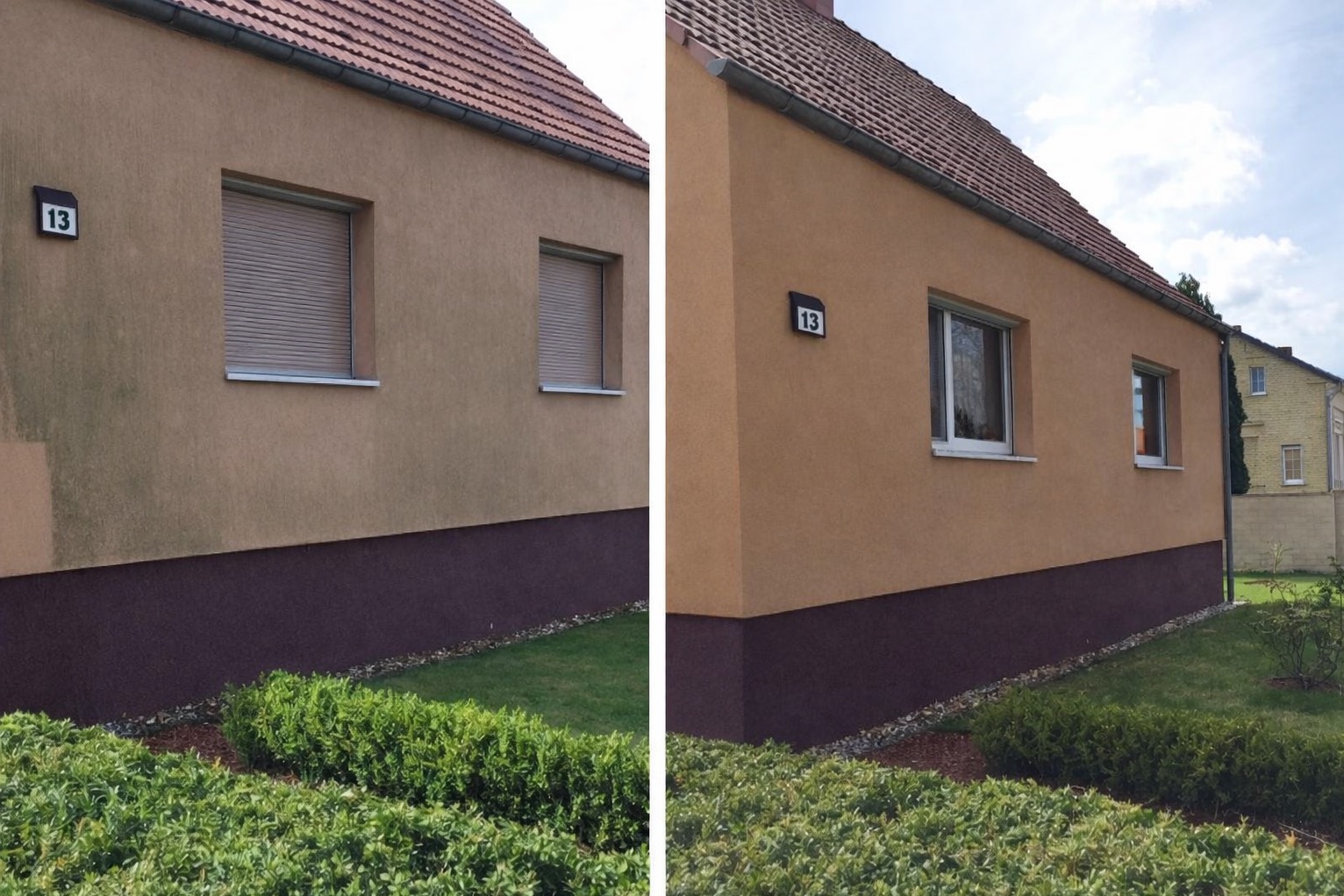 Porównanie elewacji domu przed i po czyszczeniu. Lewa strona zabrudzona, prawa czysta. Widoczne okna z roletami, numer domu '13' i fragment ogrodu.