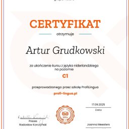 Artur Grudkowski - Certyfikat z języka niderlandzkiego na poziomie C1