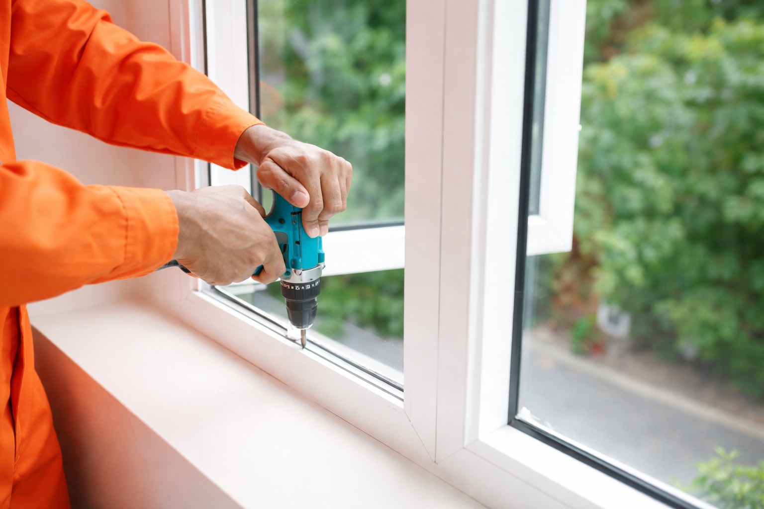 Montera w pomarańczowym kombinezonie w trakcie pracy wkrętarką przy białym oknie PCV, widok na zieleń za oknem. Precyzyjne mocowanie elementu okiennego.