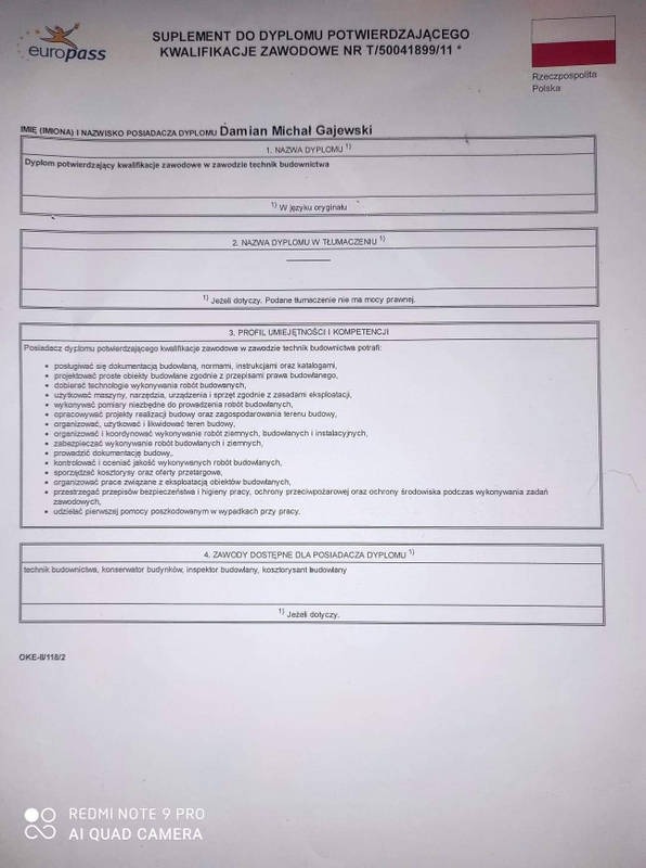 Skan dyplomu potwierdzającego kwalifikacje technika budownictwa, z profilem umiejętności i kompetencji, w tym znajomość dokumentacji budowlanej i kosztorysowania.
