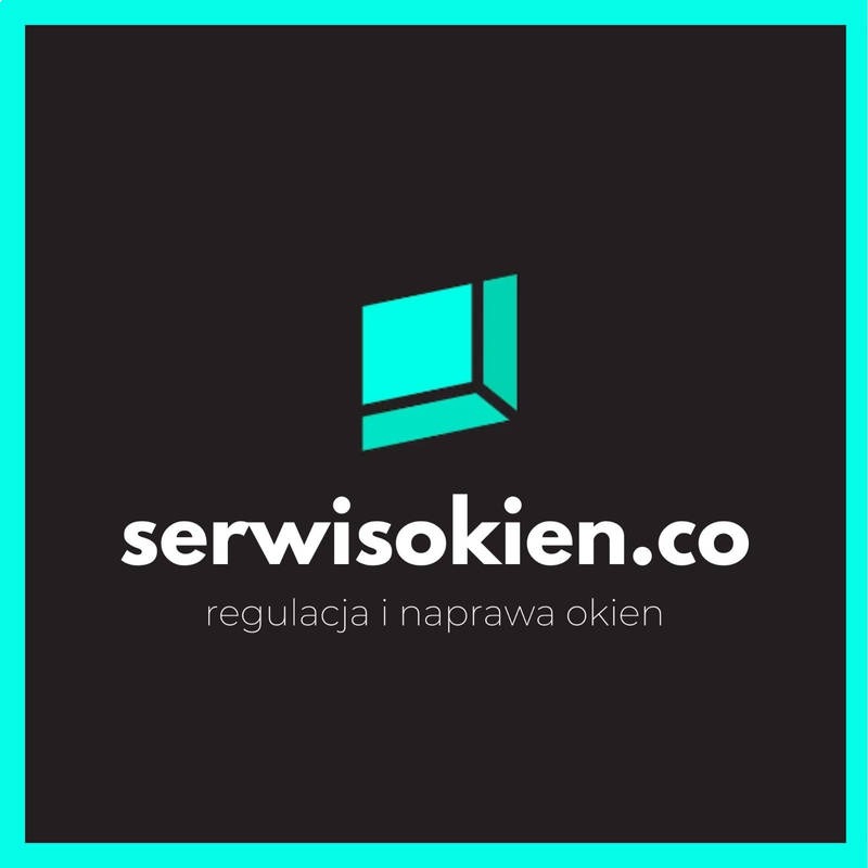 Logo serwisu okien z turkusowym symbolem okna i tekstem 'serwisokien.co regulacja i naprawa okien' na ciemnym tle, obramowane turkusową ramką.