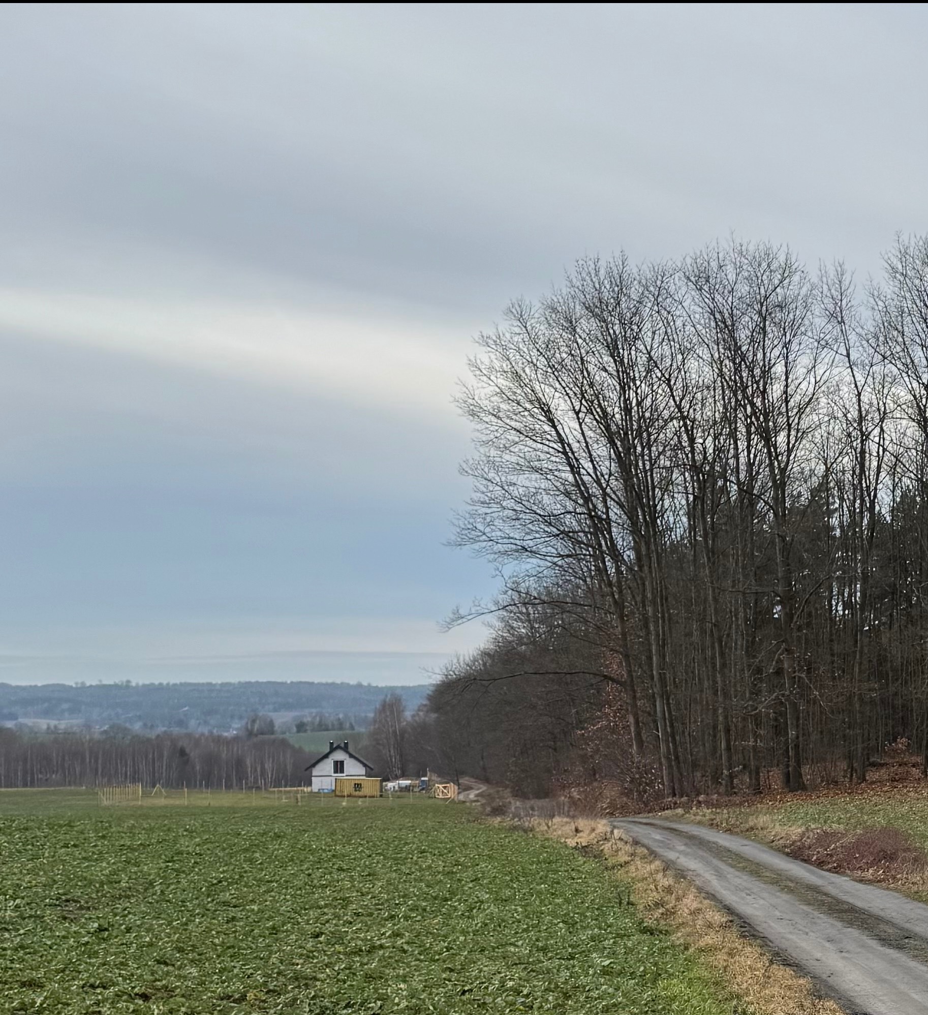 Dom jednorodzinny z czarnym dachem na tle pola i lasu, widziany z perspektywy drogi gruntowej. Pochmurne niebo. Widok na wzgórza w oddali.