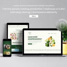Projekt Landing Page dla rodzinnej firmy zajmującej się tłoczeniem soków owocowych. Strona zawiera uproszony katalog produktów. Projekt obejmował także wykonanie pełnej identyfikacji wizualnej oraz materiałów dodatkowych.