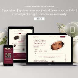 Projekt strony dla salonu urody. Dodatkowo została zaprojektowana od podstaw pełna identyfikacja wizualna.