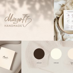Miodove Design - Delikatny kolaż z logo 'Margo77 Handmade', paletą barw, instrukcją pomiaru i wizytówką, utrzymany w stonowanej, beżowej kolorystyce z subtelnym cieniem.