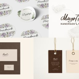 Miodove Design - Zestaw materiałów identyfikacji wizualnej marki rękodzielniczej: naklejki, wizytówki, zawieszki z logo i motywami kwiatowymi, prezentowane na białym tle.
