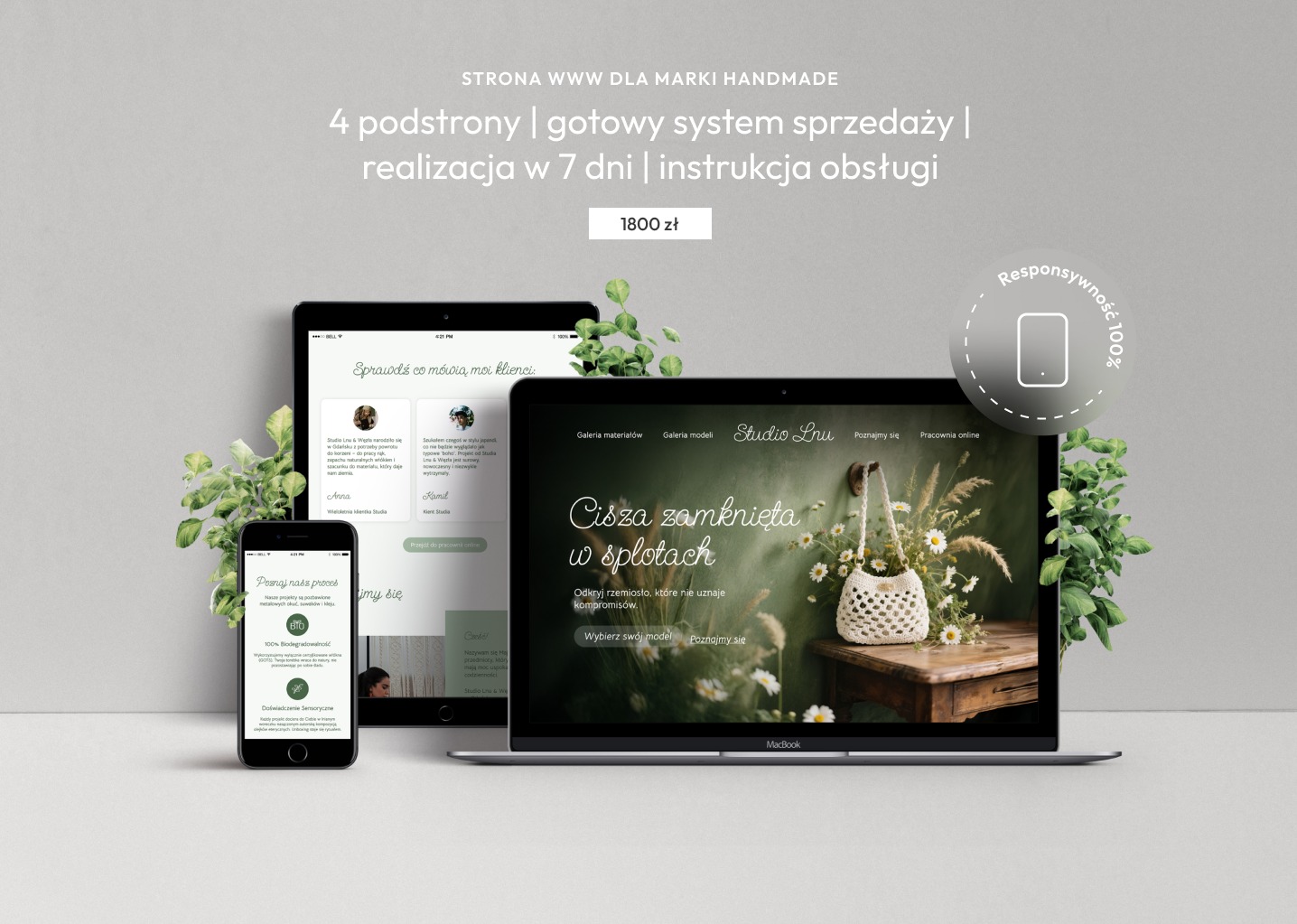 Responsywna strona WWW na laptopie, tablecie i smartfonie. Prezentacja projektu strony internetowej z zielonym motywem i tekstem 'Cisza zamknięta w splotach'.