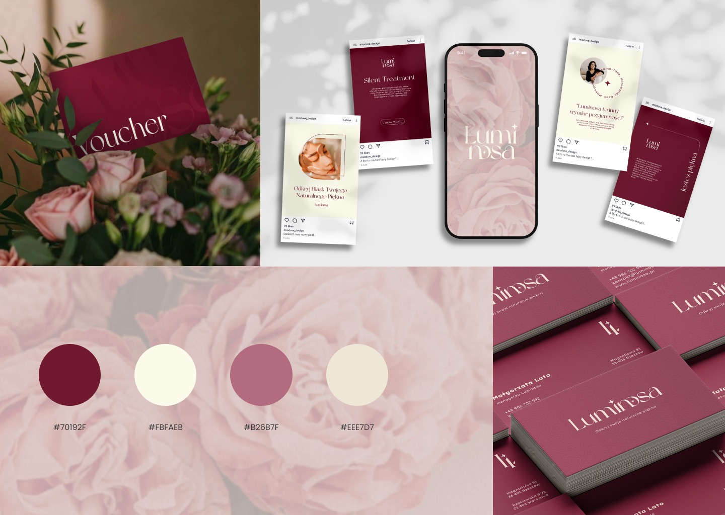 Zestawienie elementów identyfikacji wizualnej marki: wizytówki, voucher na tle kwiatów, paleta kolorów i mockupy postów na Instagramie w odcieniach bordo i różu.