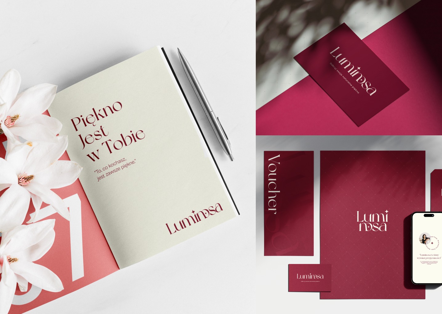 Zestaw materiałów identyfikacji wizualnej marki Luminosa: notatnik z hasłem, wizytówka, voucher, teczka i mockup telefonu, wszystko w odcieniach bordo i bieli, z kwiatami magnolii.