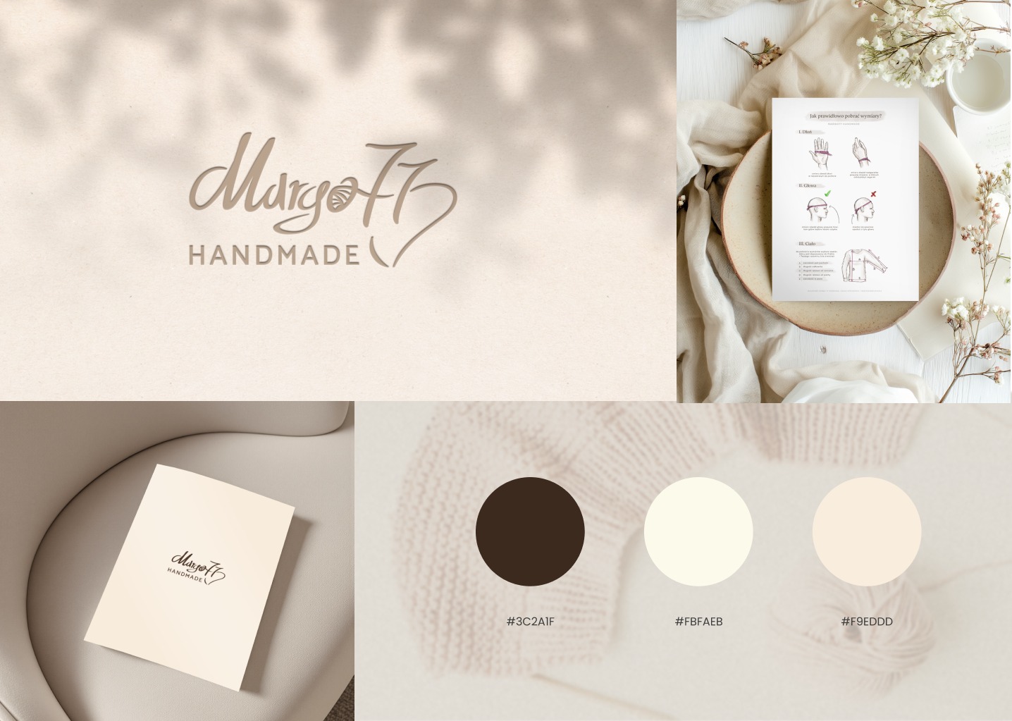 Delikatny kolaż z logo 'Margo77 Handmade', paletą barw, instrukcją pomiaru i wizytówką, utrzymany w stonowanej, beżowej kolorystyce z subtelnym cieniem.