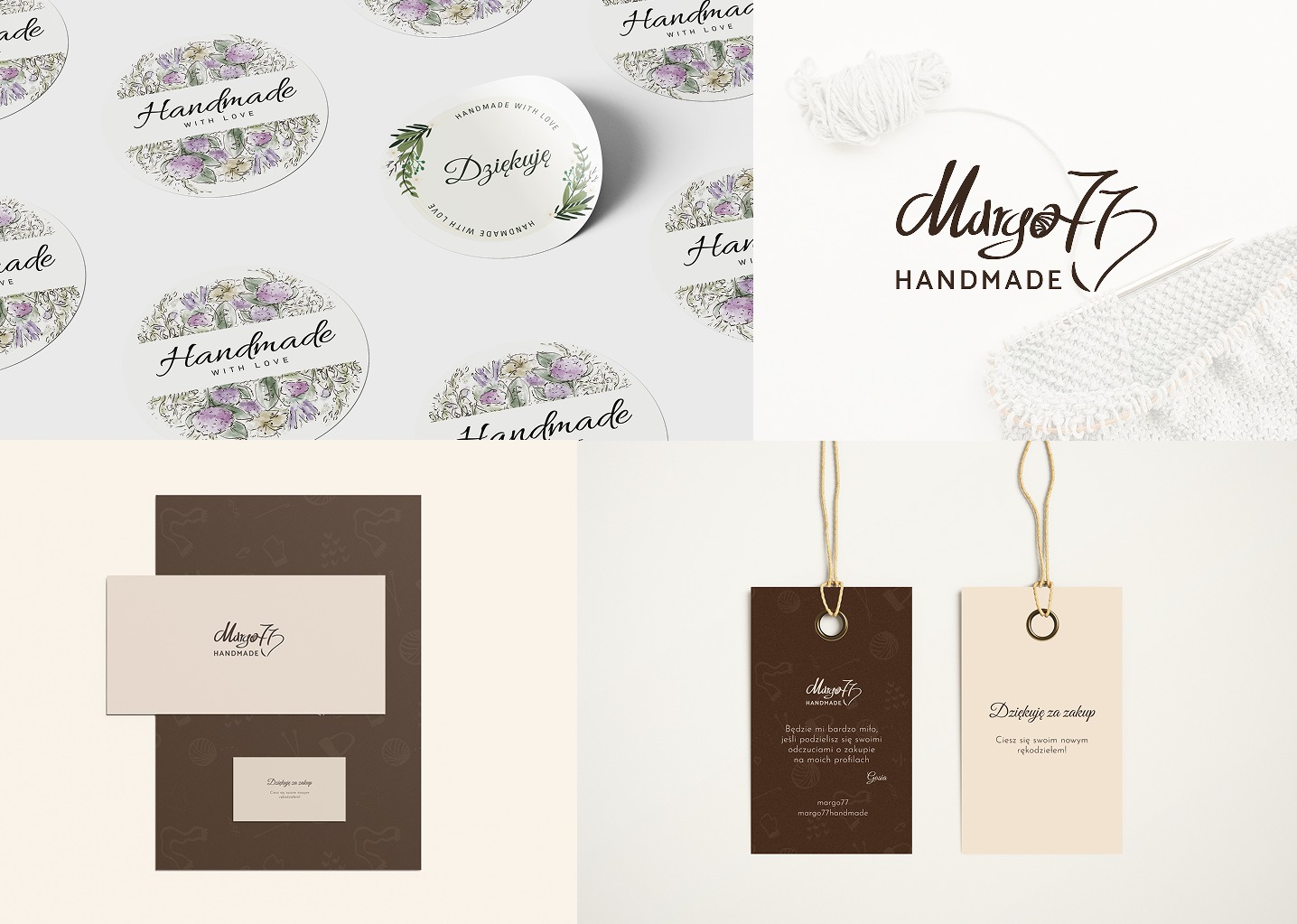 Zestaw materiałów identyfikacji wizualnej marki rękodzielniczej: naklejki, wizytówki, zawieszki z logo i motywami kwiatowymi, prezentowane na białym tle.