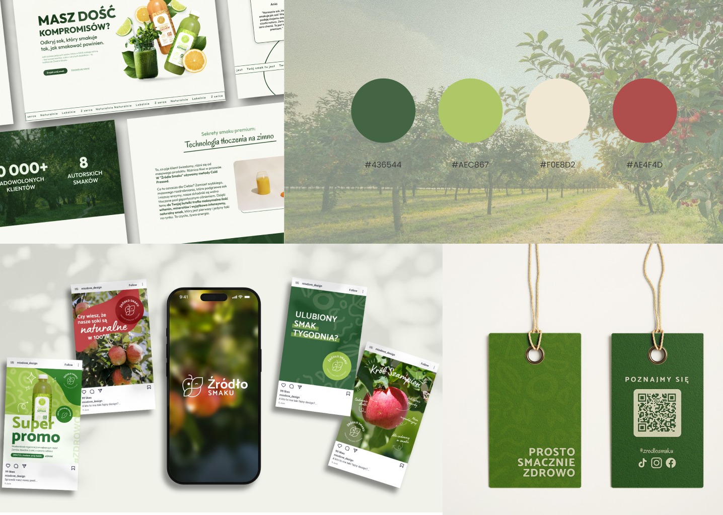 Kompozycja graficzna z elementami identyfikacji wizualnej marki soków: paleta kolorów, mockupy postów social media na smartfonie i etykiety produktowe.