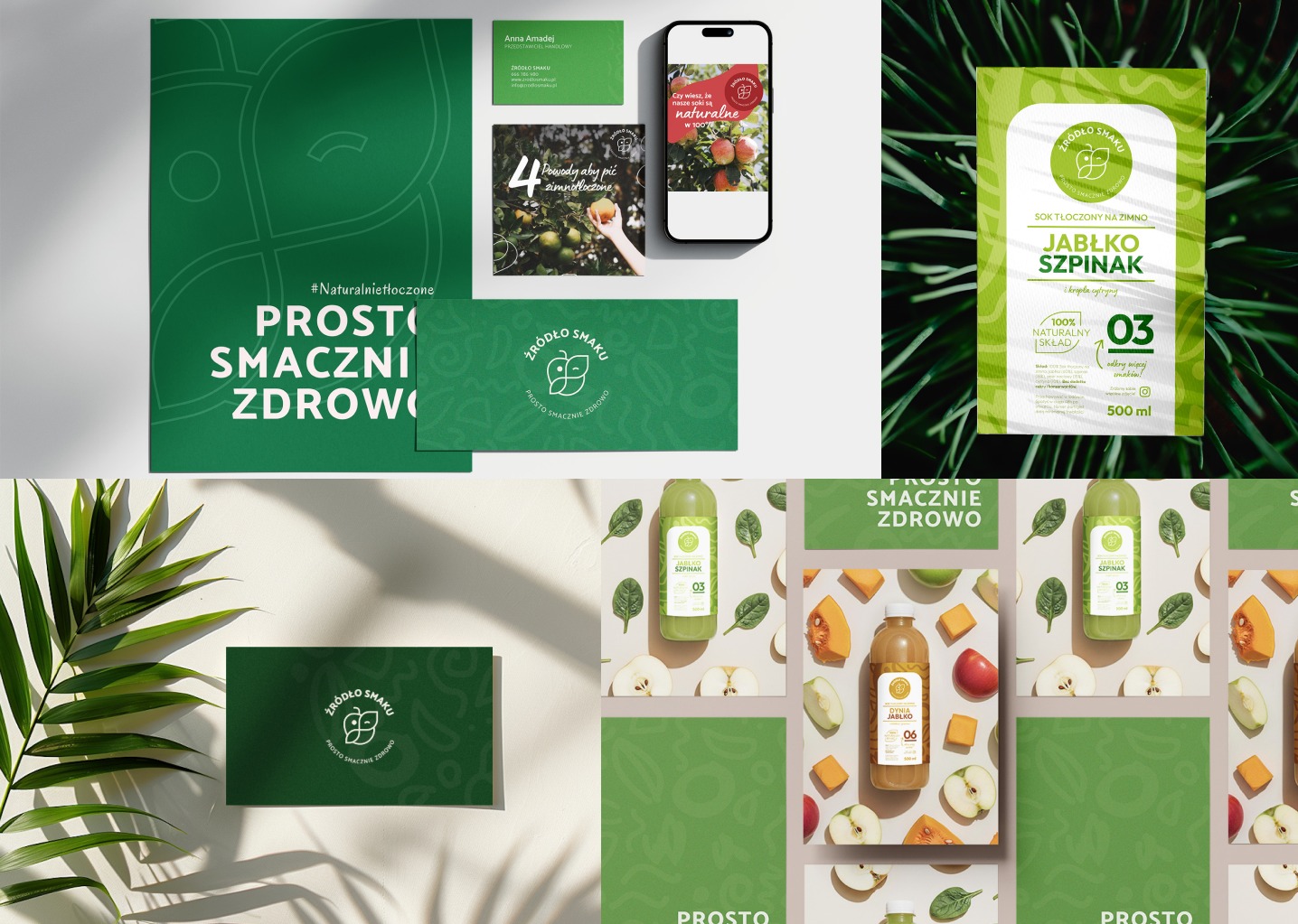 Zestaw materiałów identyfikacji wizualnej marki 'Źródło Smaku': logo, wizytówki, ulotka, etykieta soku, grafika na telefon. Dominująca zieleń, naturalne motywy.