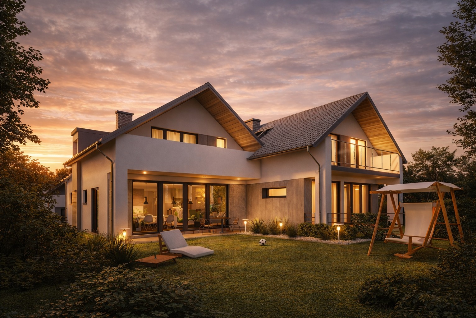 Dwukondygnacyjny dom z balkonem i dużymi oknami, oświetlony ciepłym światłem zachodzącego słońca, otoczony zielenią. Na trawniku leżak i huśtawka.