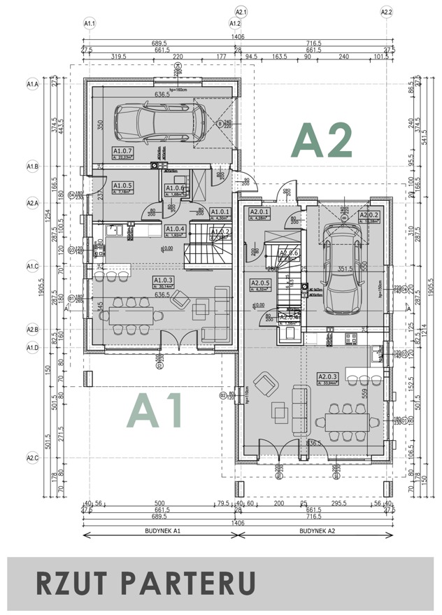 Rzut parteru dwóch budynków (A1 i A2) z wymiarami, meblami i oznaczeniami pomieszczeń, w tym garaży z samochodami. Plan architektoniczny z detalami.