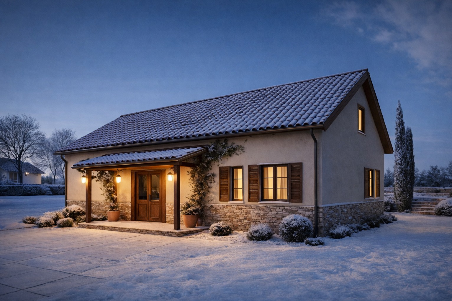 Ośnieżony dom z terakotową dachówką i kamienną elewacją, oświetlony ciepłym światłem lamp, w zimowej scenerii o zmierzchu. Widoczne drewniane okiennice i roślinność.