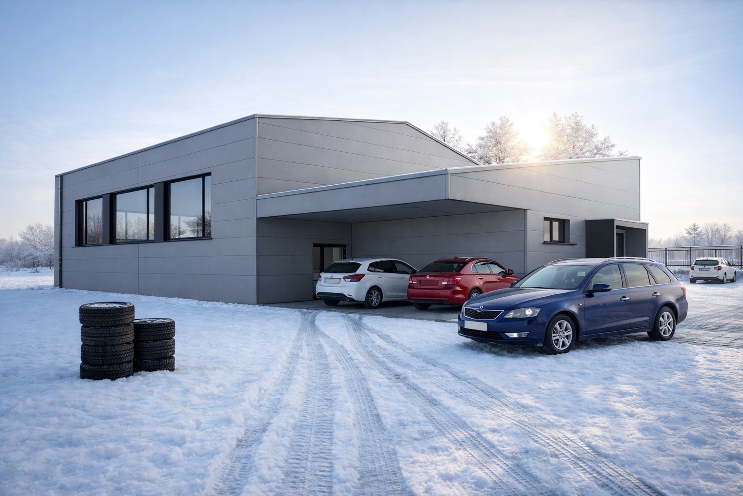 Nowoczesny, parterowy dom z szarej blachy na śnieżnym terenie. Podjazd z trzema autami, sterta opon z boku. Minimalistyczna architektura w zimowej scenerii.