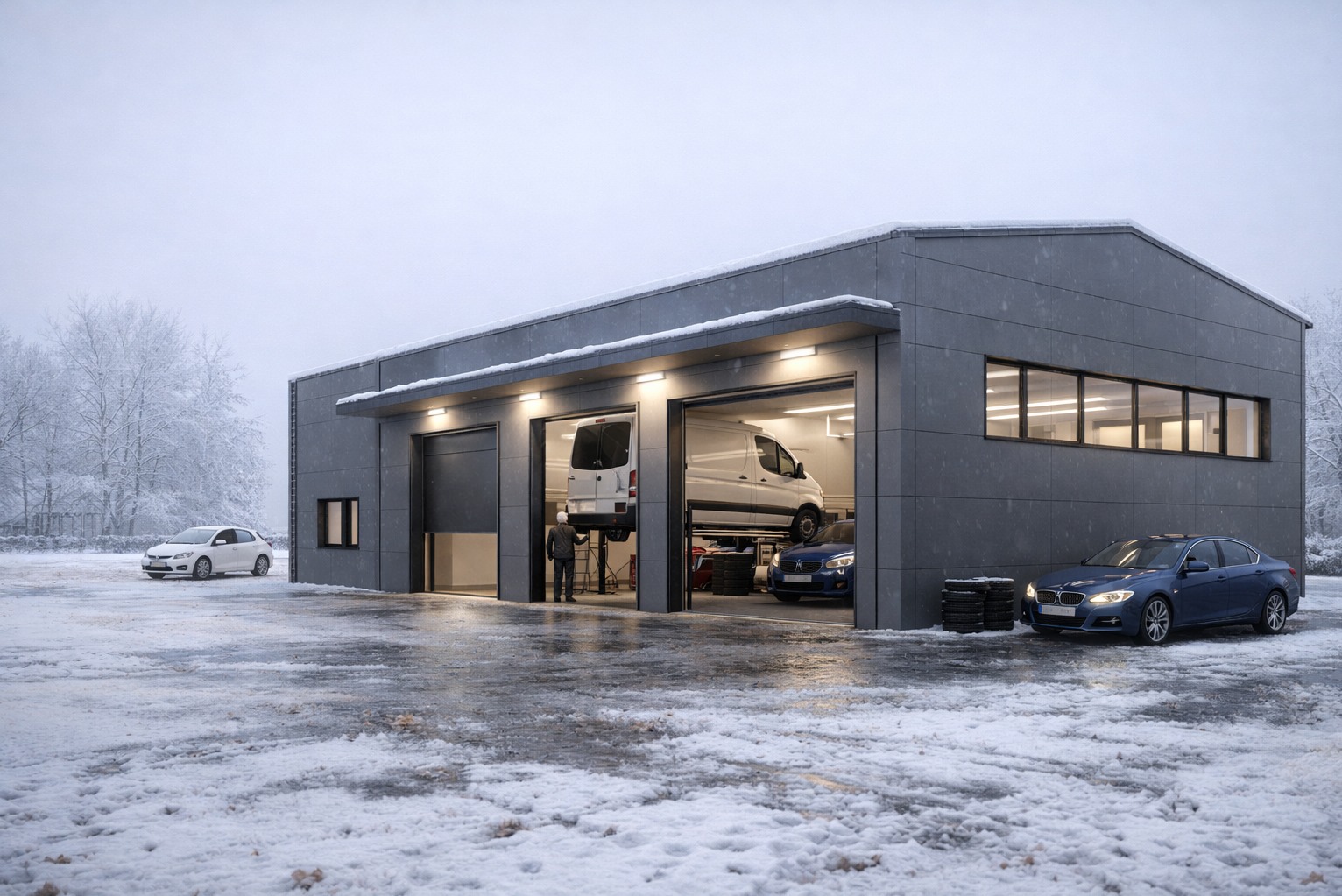 Nowoczesny budynek warsztatu samochodowego z szarej elewacji w zimowej scenerii. Wnętrze oświetlone, widoczny podnośnik z samochodem i zaparkowane auta.
