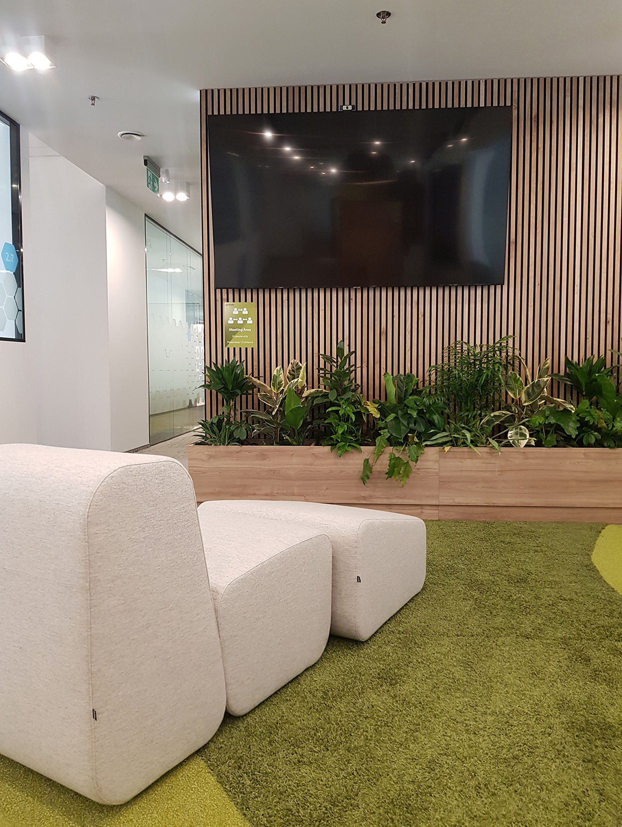 Nowoczesna aranżacja biura: minimalistyczne sofy, ściana z drewnianych paneli z telewizorem i roślinami w donicach. Zielona wykładzina dywanowa.