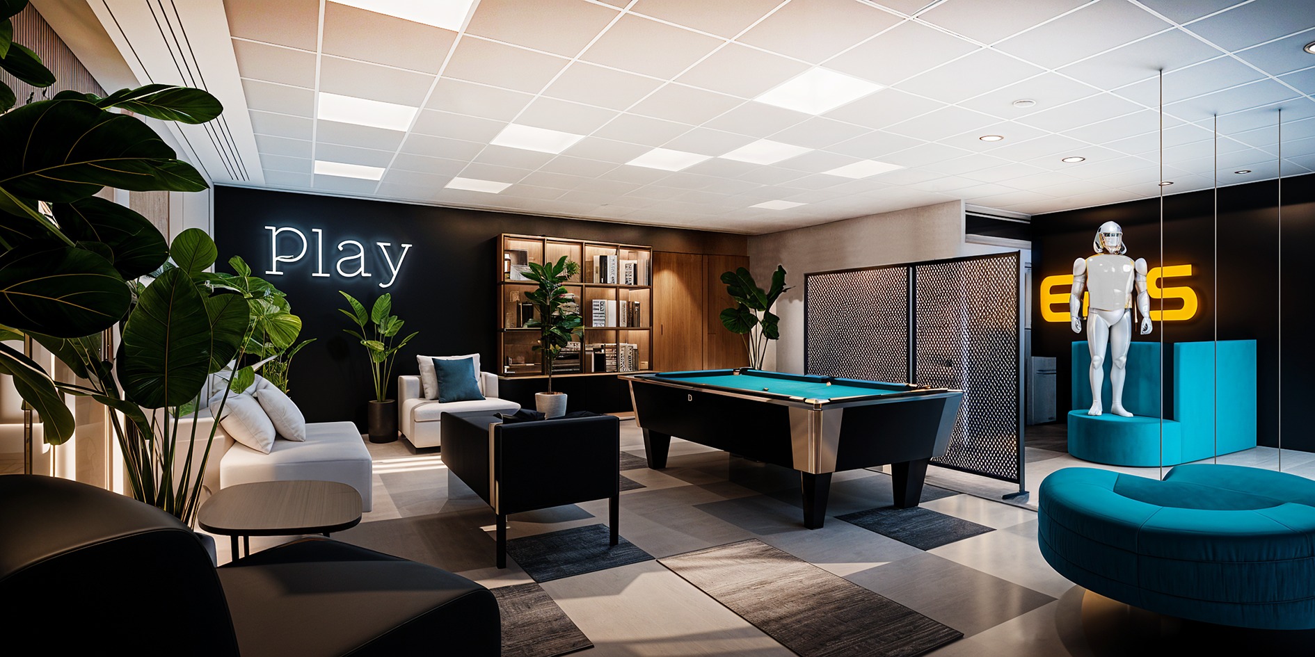 Nowoczesna aranżacja biura z bilardem, neonem 'PLAY' i futurystyczną figurą robota. Przestrzeń relaksu z sofami, roślinami i geometryczną podłogą.