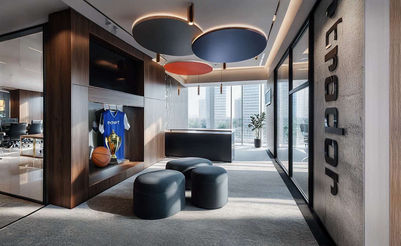 Nowoczesne biuro z elementami sportowymi: koszulka, piłka i puchar na półce. Okrągłe lampy sufitowe i minimalistyczne pufy dopełniają aranżację.