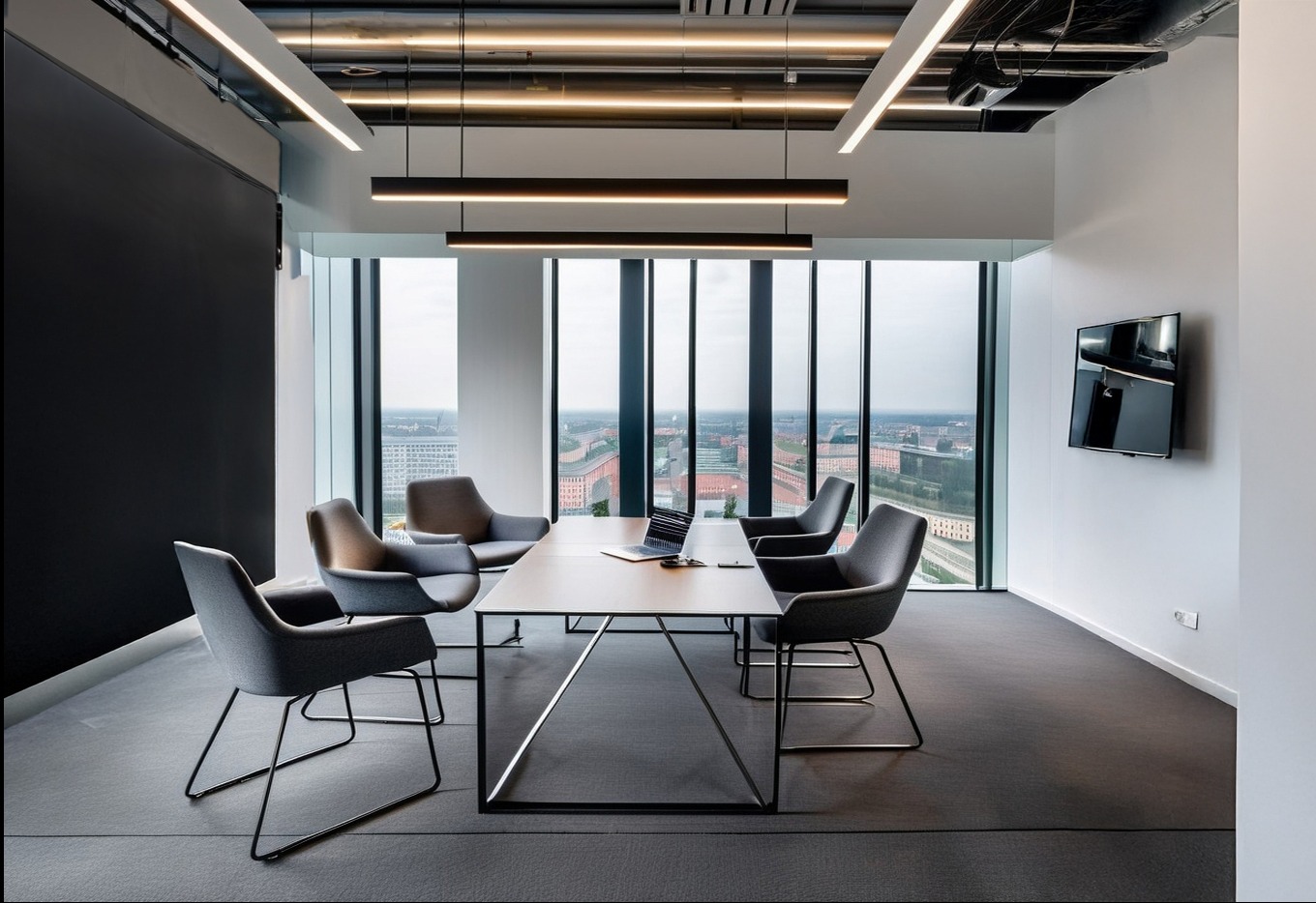 Nowoczesna sala konferencyjna w Krakowie z dużym oknem, szarymi krzesłami i minimalistycznym oświetleniem. Na stole laptop. Widok na miasto.