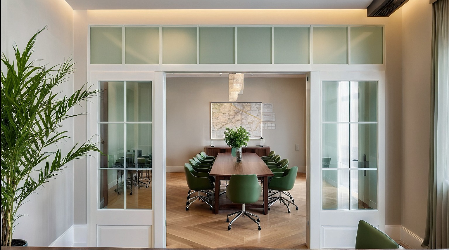 Sala konferencyjna z długim stołem i zielonymi krzesłami, widoczna przez przeszklone drzwi. Na ścianie mapa, a na stole roślina. Parkiet w jodełkę.