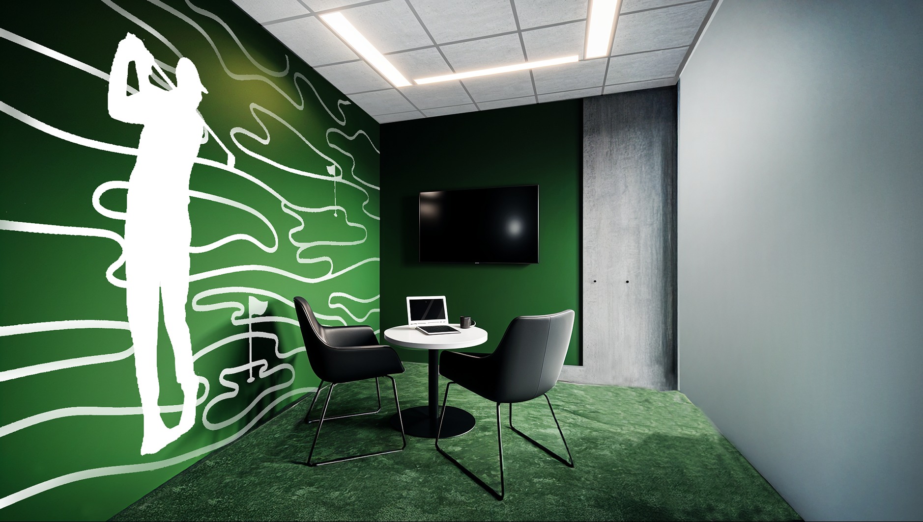 Nowoczesne biuro w zieleni: ściana z grafiką golfisty, czarne krzesła przy okrągłym stole z laptopem, telewizor na ścianie. Wyjątkowy design i funkcjonalność.