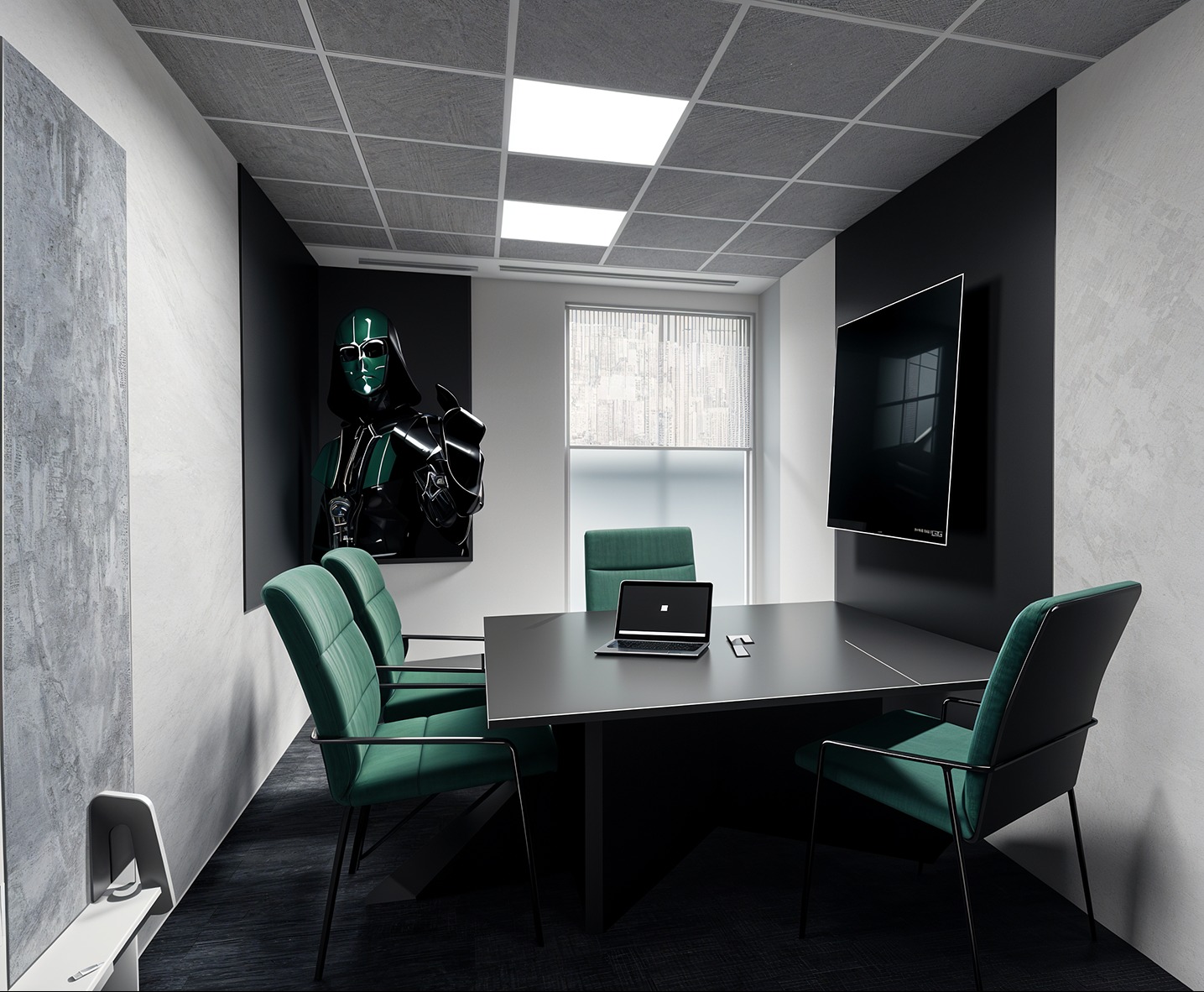 Nowoczesne biuro z zielonymi krzesłami, czarnym stołem i ścianą z telewizorem. Na ścianie grafika postaci w masce. Minimalistyczny design z oświetleniem sufitowym.