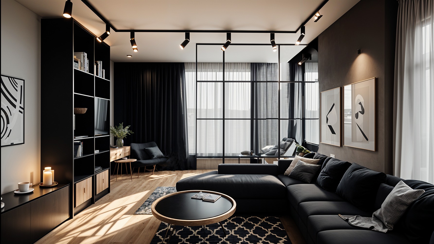 Nowoczesny salon z czarną sofą narożną, okrągłym stolikiem i regałem. Duże okno z czarnymi ramami i zasłonami. Minimalistyczne obrazy na ścianie. Oświetlenie punktowe.