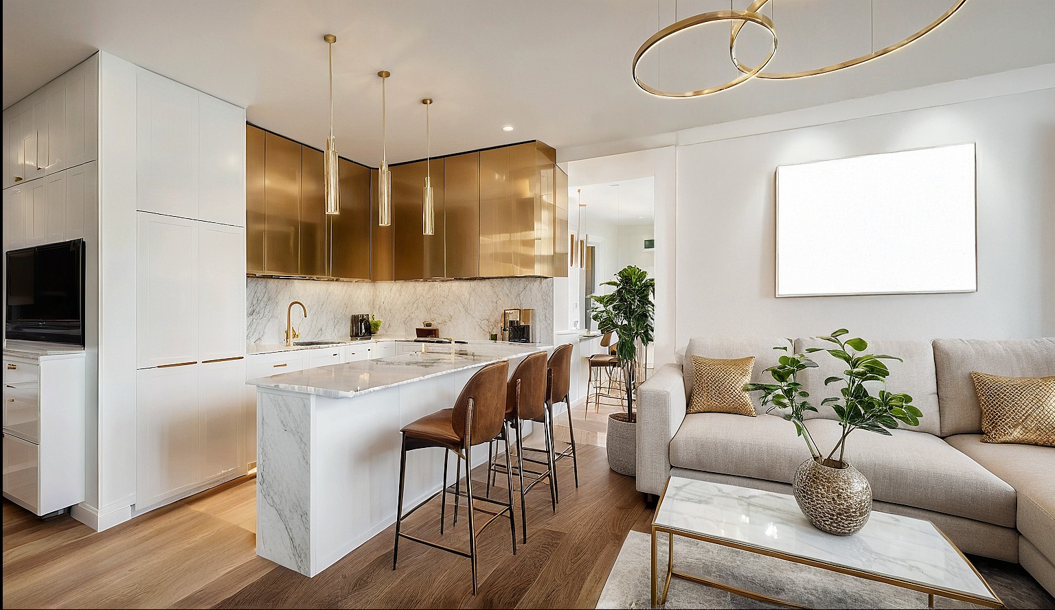 Nowoczesna aranżacja wnętrza: biała kuchnia z marmurowym blatem i złotymi akcentami, płynnie przechodząca w salon z beżową sofą i dekoracyjnymi elementami.