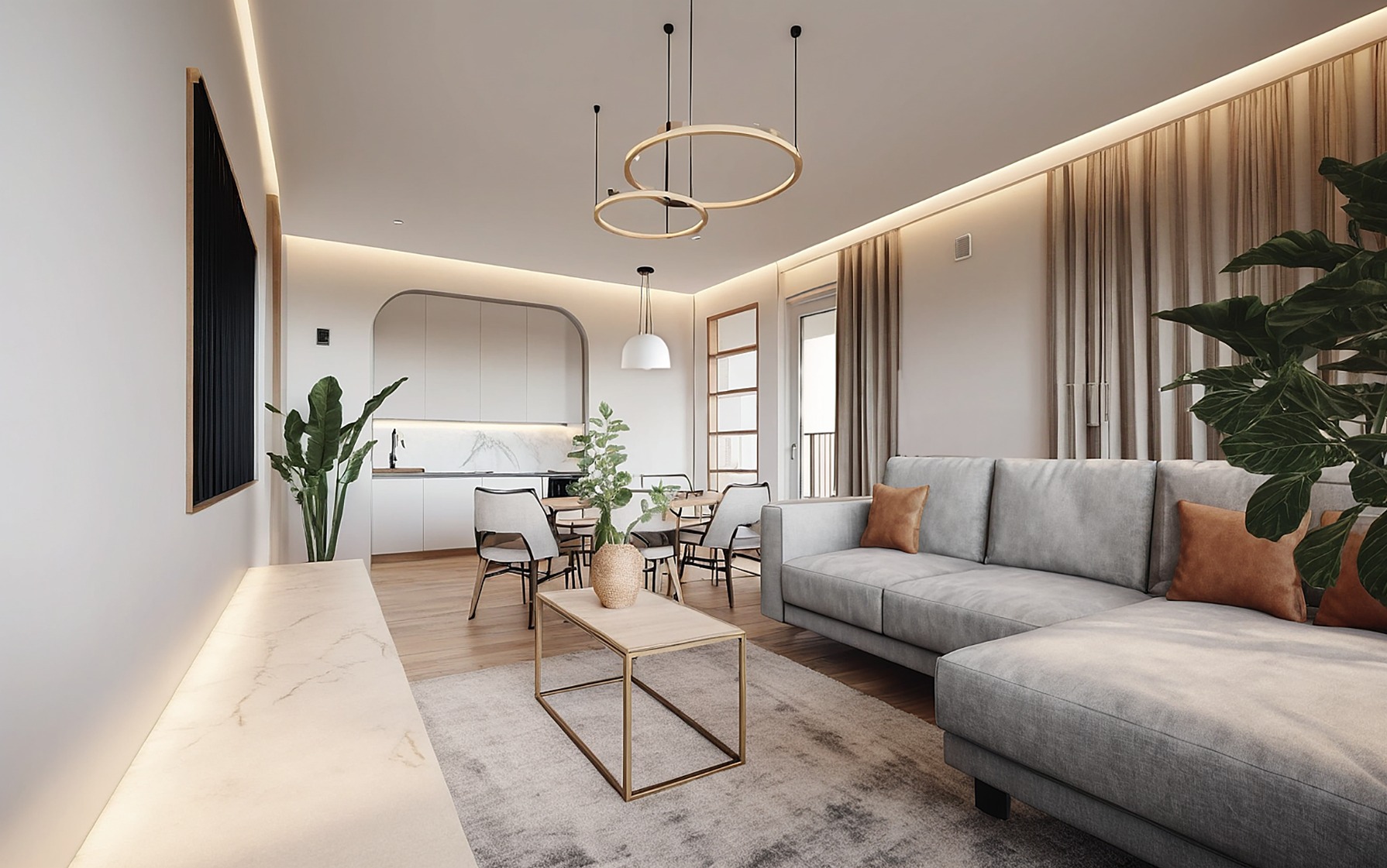 Jasne wnętrze mieszkania z otwartą kuchnią, szarą sofą narożną i okrągłymi lampami wiszącymi. Minimalistyczny design z roślinami doniczkowymi i drewnianymi akcentami.