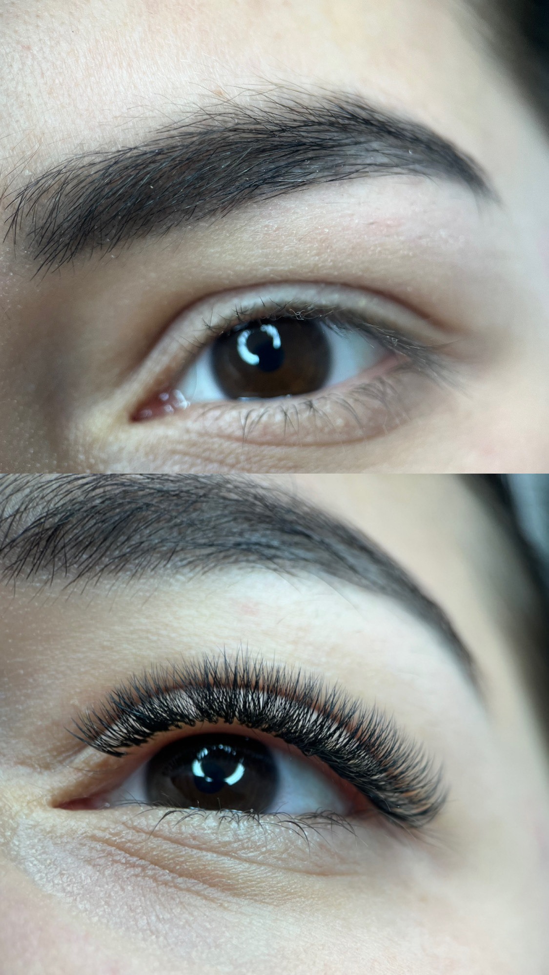 Zbliżenie na oko przed i po zabiegu przedłużania rzęs. Widoczne naturalne rzęsy i gęste, długie rzęsy po zabiegu. Brwi naturalne, skóra gładka. Efekt 'przed i po' w jednym kadrze.