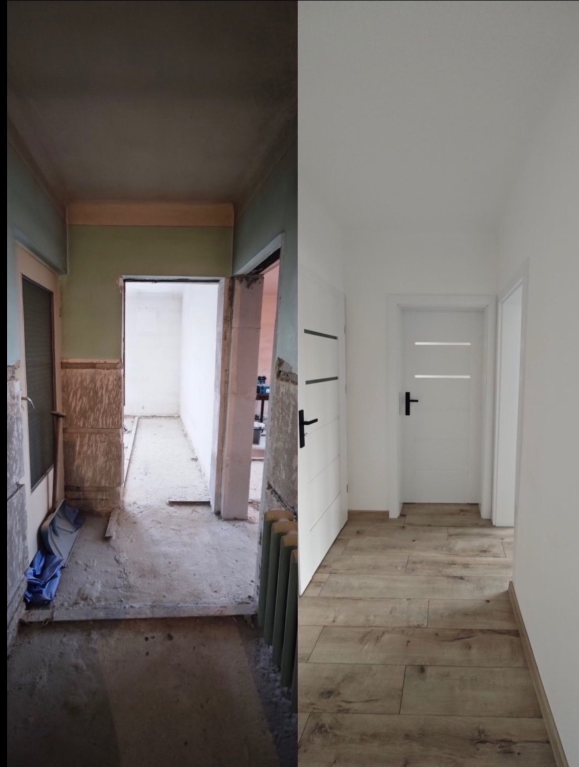 Korytarz po remoncie: po lewej stan surowy z odsłoniętą cegłą, po prawej wykończony, z drewnopodobną podłogą i białymi drzwiami. Widok z góry.