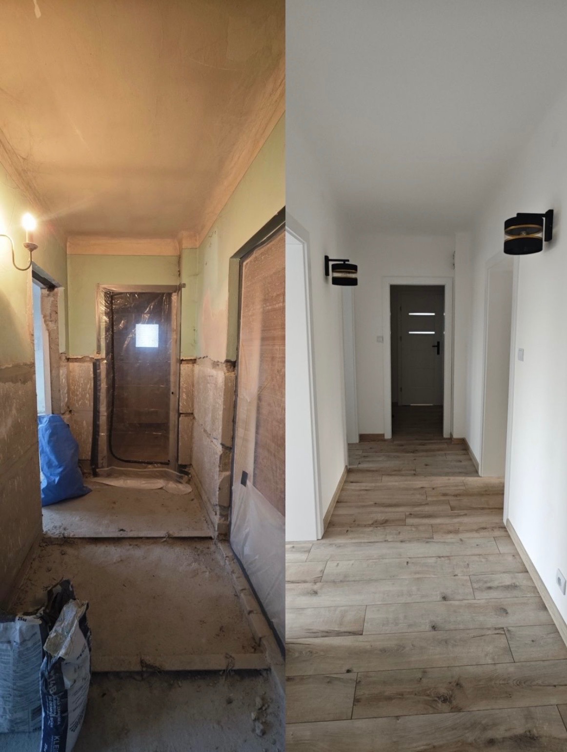 Korytarz przed i po remoncie: surowe ściany i podłoga kontra gładkie, białe ściany, drewniana podłoga i nowoczesne lampy ścienne. Widok na odnowione wnętrze.