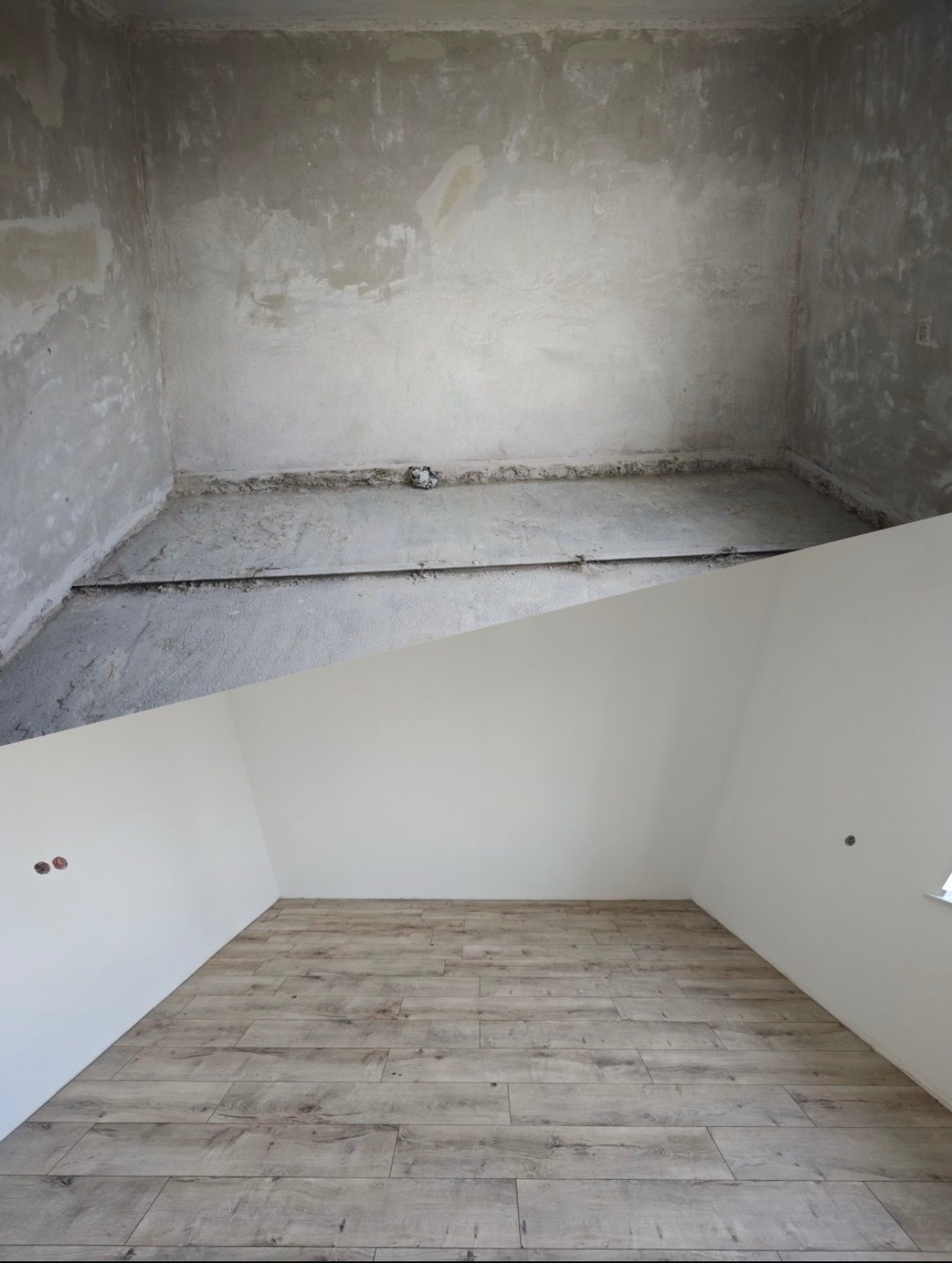 Zdjęcie 'przed i po' remontu poddasza: surowe ściany i podłoga kontra gładkie, białe ściany i panele podłogowe w odcieniach drewna. Widoczne gniazdka elektryczne.