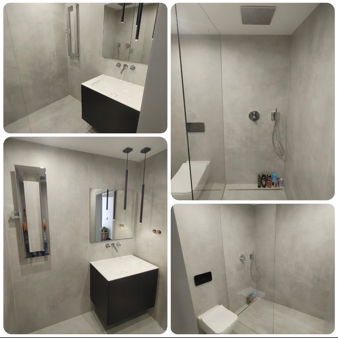 Nowoczesna łazienka z szarą, betonową fakturą ścian, wiszącą szafką z umywalką, minimalistycznym oświetleniem i kabiną prysznicową typu walk-in.