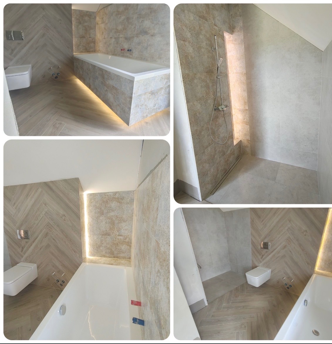 Nowoczesna łazienka po remoncie: beżowe płytki imitujące drewno ułożone w jodełkę na podłodze i ścianach, podświetlana wanna, minimalistyczna armatura, kabina prysznicowa.