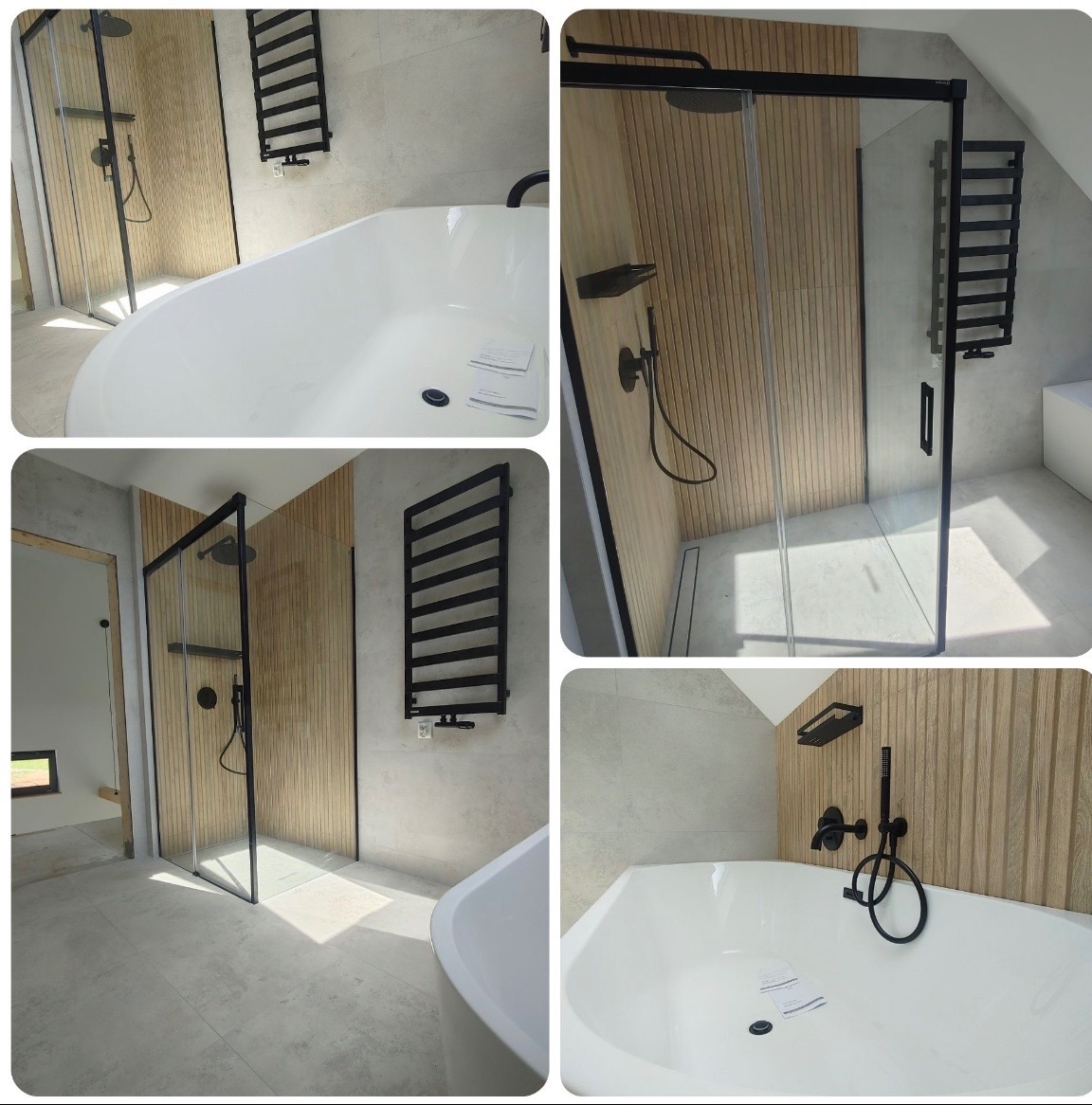 Nowoczesna łazienka z wolnostojącą wanną i kabiną prysznicową typu walk-in, wykończona w jasnych kolorach z akcentami drewna i czarnymi elementami armatury.