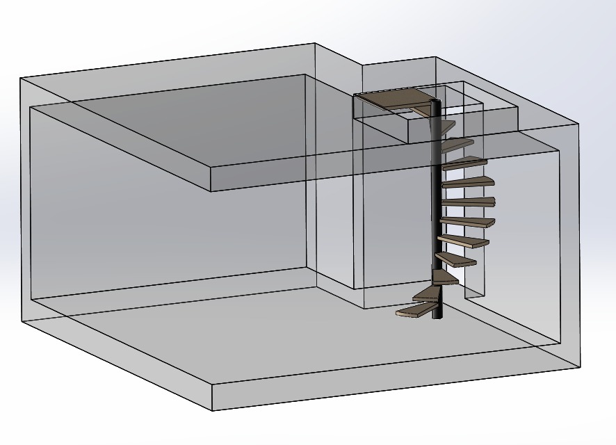 Model 3D wnętrza z drewnianymi schodami spiralnymi na czarnym słupie, widoczne z perspektywy izometrycznej, prezentacja koncepcji architektonicznej.