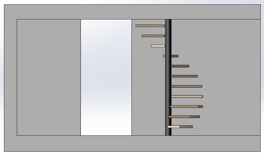 Schemat techniczny szafy wnękowej z przesuwnymi drzwiami, ukazujący rozmieszczenie półek i wymiary. Widok z przodu, neutralne tło.