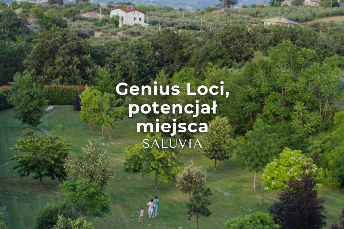 Rozległy, zielony teren z drzewami i trawnikiem, widok z góry. W tle budynki mieszkalne. Na pierwszym planie rodzina spacerująca po trawie. Tekst 'Genius Loci, potencjał miejsca'.