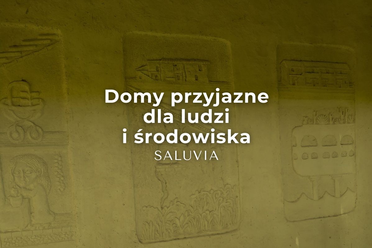 Ściana z płaskorzeźbami przedstawiającymi domy i rośliny, z napisem 'Domy przyjazne dla ludzi i środowiska SALUVIA' w kolorze białym.