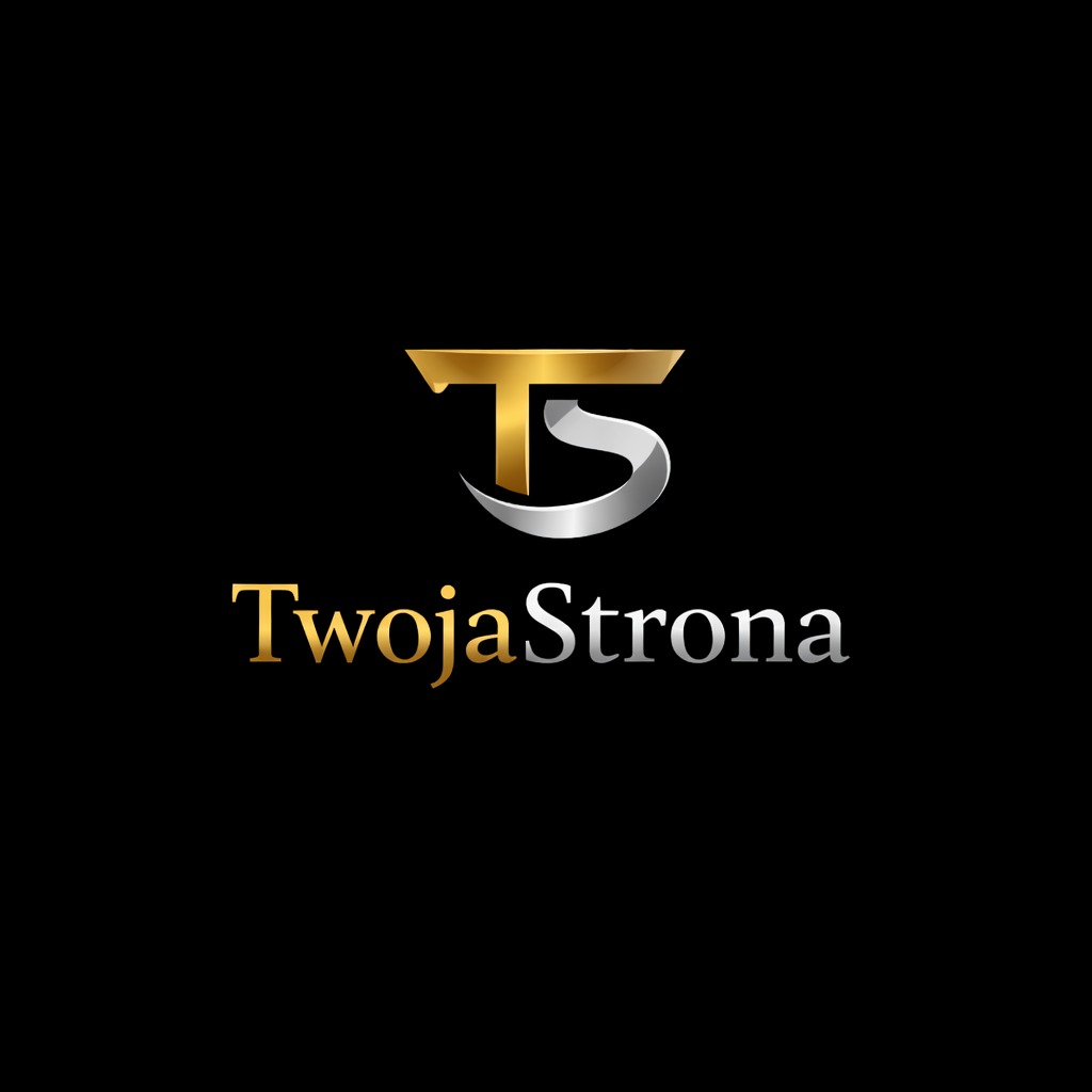 Złoto-srebrne logo 'TwojaStrona' na czarnym tle. Grafika wektorowa z gradientami, prezentacja identyfikacji wizualnej firmy z Gryfina.