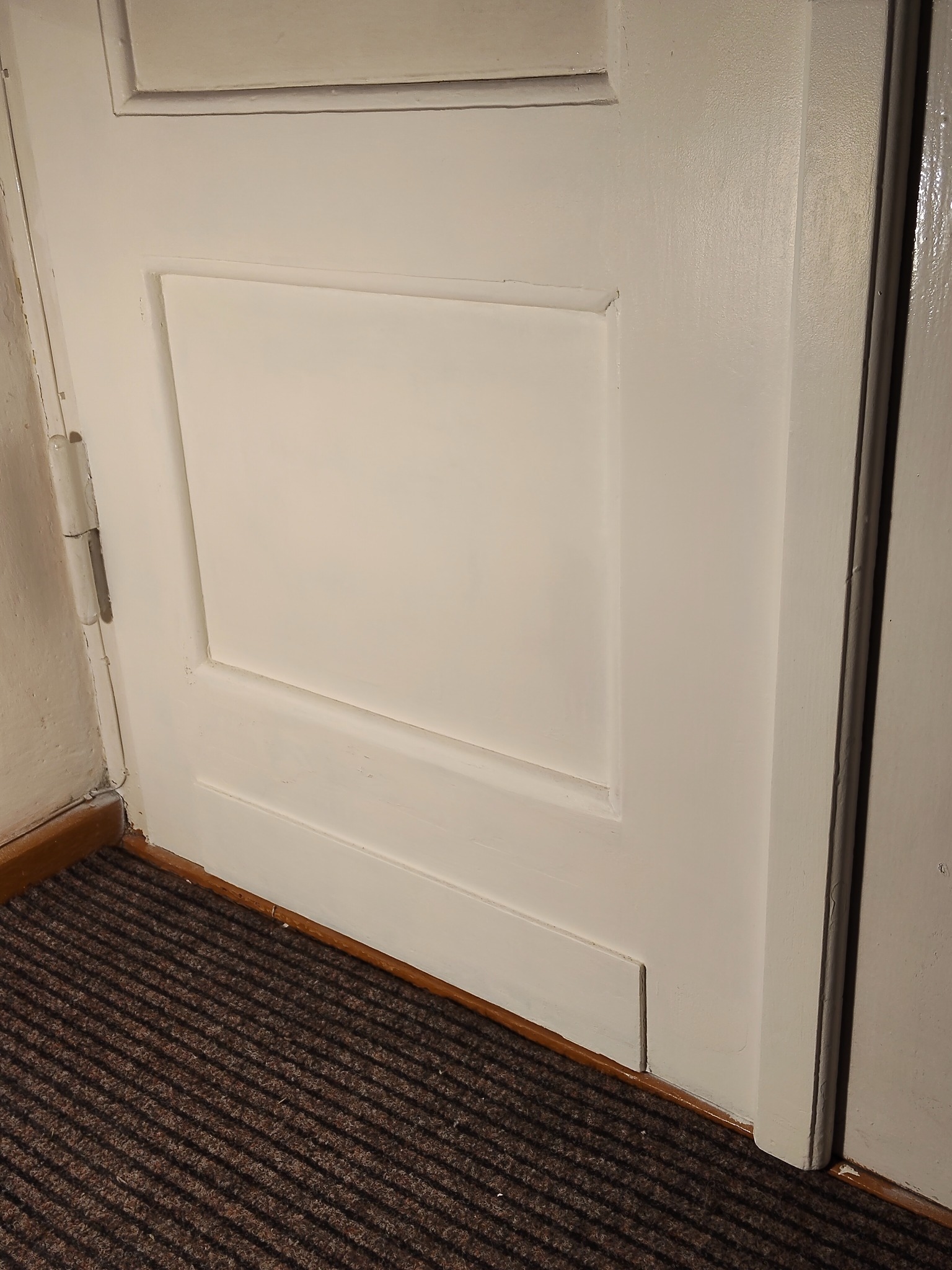 Białe, odświeżone drzwi po malowaniu w Gorzowie Wielkopolskim. Widoczne zawiasy i fragment brązowej wycieraczki. Detal wykończenia wnętrza.