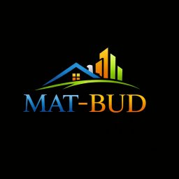 MA-TRANSPORT Mateusz Zdebik - Kolorowe logo firmy budowlanej MAT-BUD na czarnym tle. Stylizowany dom z wieżowcami w odcieniach niebieskiego, zieleni i pomarańczu. Nowoczesny design.