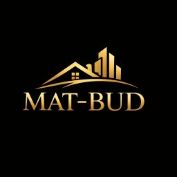 MA-TRANSPORT Mateusz Zdebik - Złote logo firmy budowlanej MAT-BUD na czarnym tle. Sylwetka domu z oknem i budynków w tle. Elegancki, minimalistyczny design.