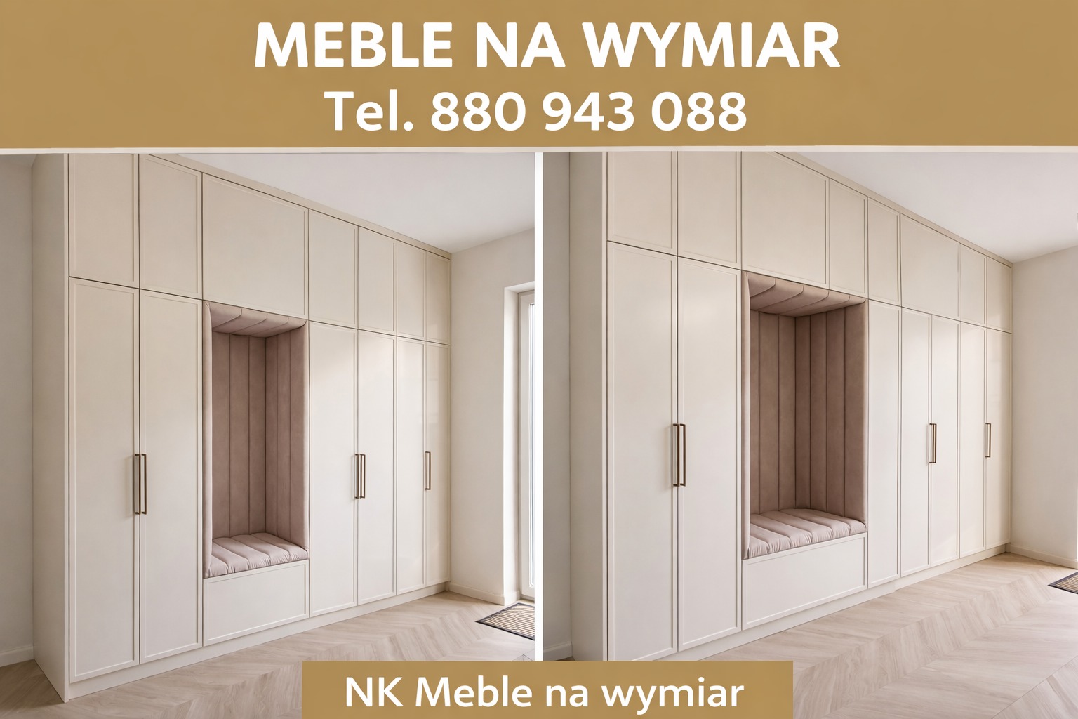 Jasna zabudowa wnęki z siedziskiem obitym tkaniną, widok z dwóch perspektyw. Minimalistyczne uchwyty, parkiet w jodełkę. U góry napis 'Meble na wymiar'.